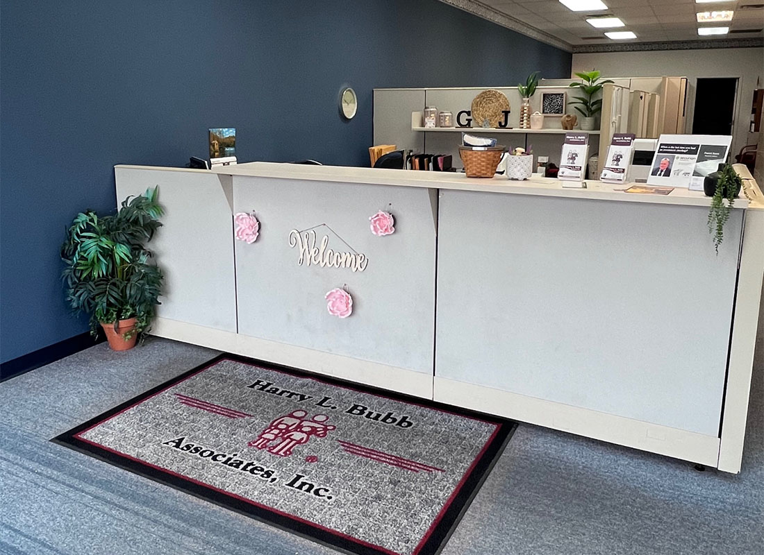Red Lion, PA - View of the Front Reception Desk with a Welcome Sign Inside the Bubb Insurance Office Building in Red Lion Pennsylvania